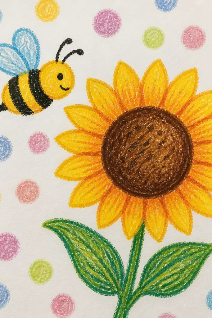 Sunflower with polka dots behind it and a smiling bee near the petals.