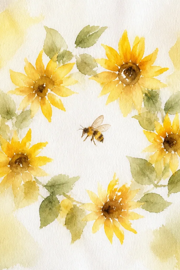 Sunflower wreath ring with a bee centered inside the circle.