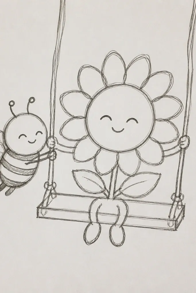 Sunflower hanging from a swing line with a bee clinging underneath.