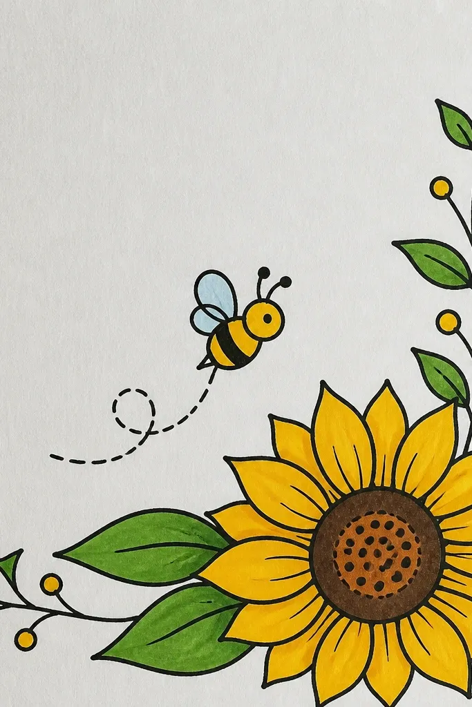 Sunflower small doodle in the corner with a bee and a single leaf.