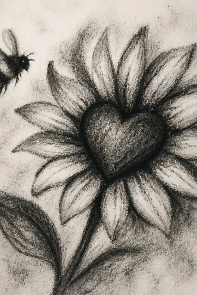 Sunflower with a heart-shaped seed center and a tiny bee above it.