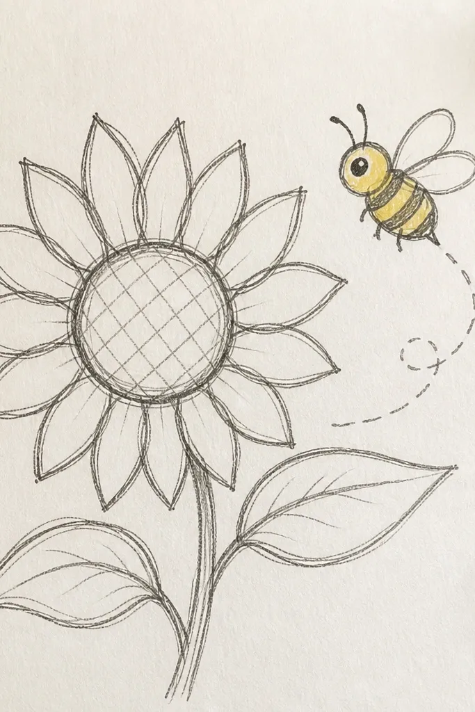 Black-and-white sunflower with ink seeds and a bright yellow bee.