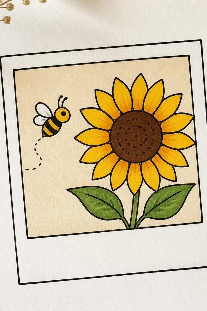Sunflower inside a polaroid-style border with a bee near the top.