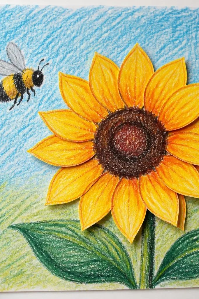 Layered sunflower petals with stepped outlines and a bee on top.