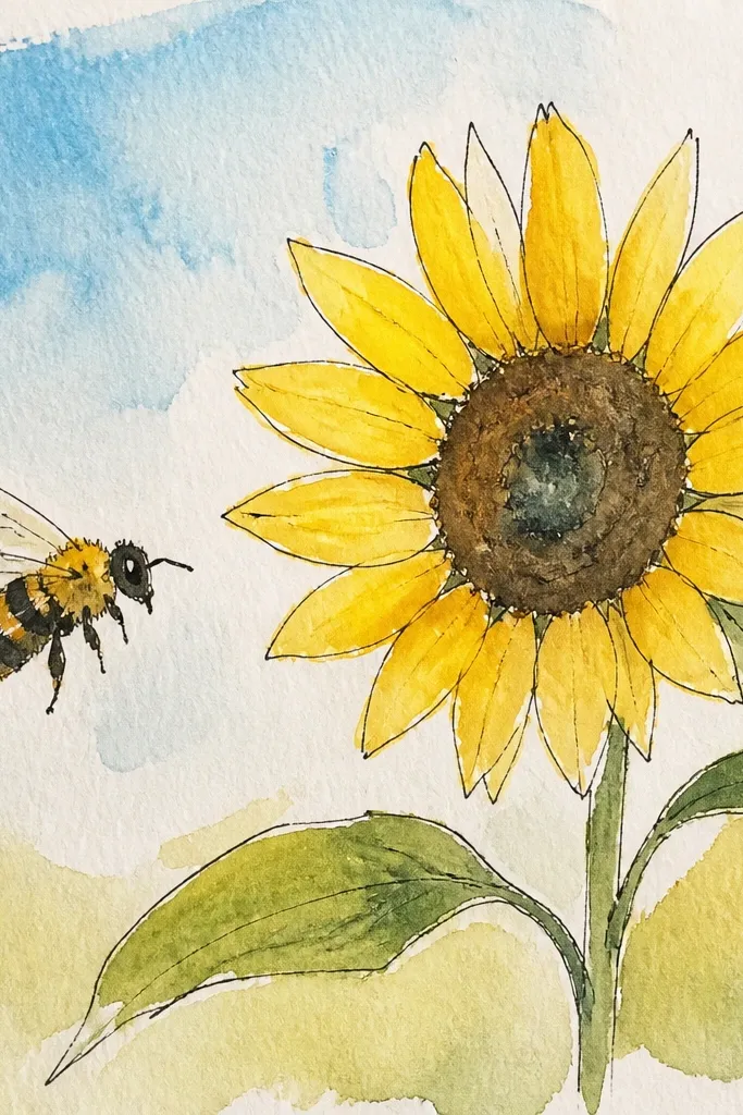 Sunflower in the foreground with a simple blue sky wash and a bee hovering.