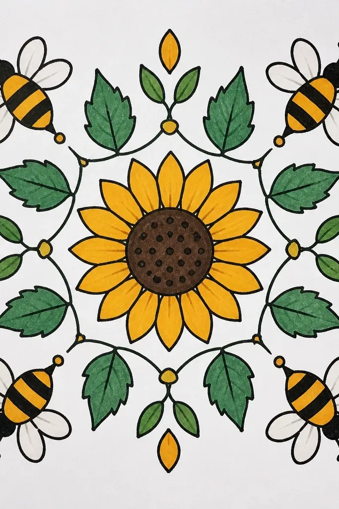 Repeating sunflower pattern with partial bees at the tile edges.