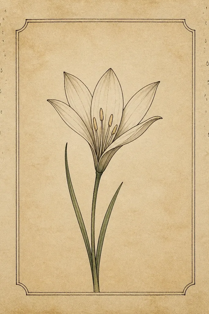 A vertical sheet of tea-stained paper with a single rain lily centered inside a drawn window border. The lily has pale cream petals with light gray shadows and a fine black ink outline. Tiny raindrop dots fall outside the window frame on the left and right edges, fading as they reach the bottom.