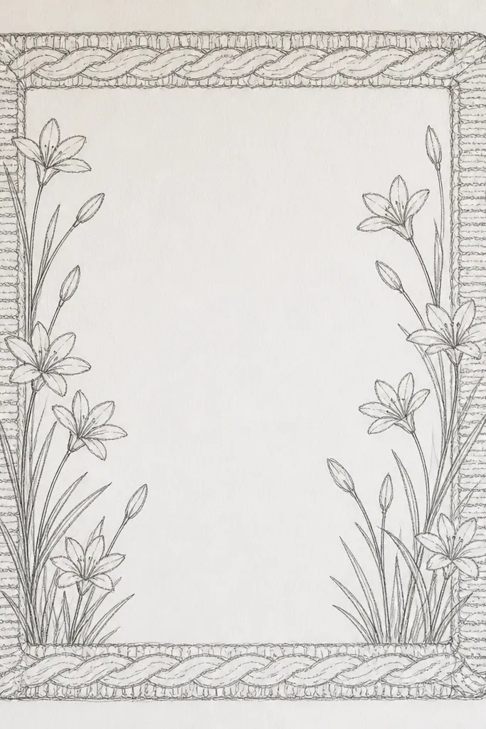 A top-down view of a small fabric square with a knit-like border drawn in pencil and ink. Along the border corners and halfway edges are tiny micro rain lily sketches, each only 1-2 inches tall. The background is off-white, with soft gray wash shading inside each micro flower.
