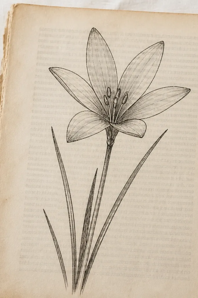A repurposed old book page with visible printed text fading behind it. A rain lily is drawn in dark ink line art only, with no heavy color. The petals are narrow and slightly uneven, and the center is filled with short hatch marks. A faint gray wash sits only under the petals.