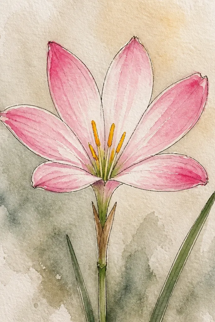 A watercolor-painted rain lily where the petals blend softly at the edges. The center is darker with a subtle halo effect, and the petals fade from creamy yellow to pale peach. Background is a pale gray-blue wash with tiny speckled dots like mist.