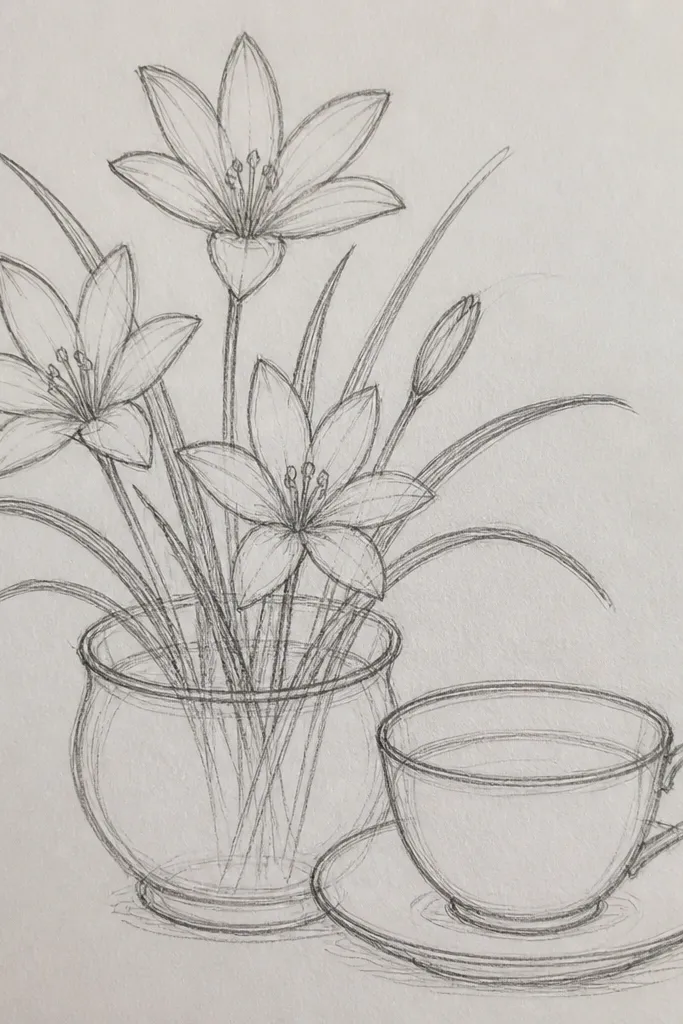 A cozy still life drawing: a small teacup on the lower left, steam lines rising, and a rain lily stem leaning over the cup. The petals are outlined in fine ink, with light gray shading and pale yellow highlights. The background is a warm beige wash with faint speckles.