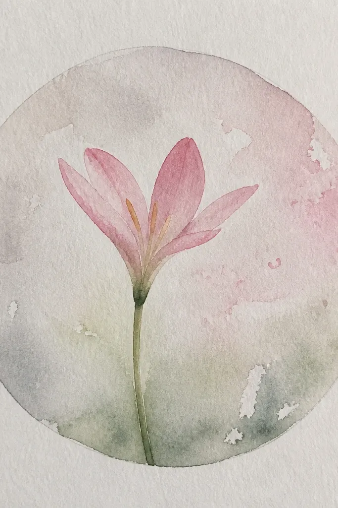 A circular tag design with a hand-drawn badge border. Inside the circle is a rain lily centered, with narrow petals and a darker center. A thin ring around the flower is colored in soft gray. The background is a warm paper tone.