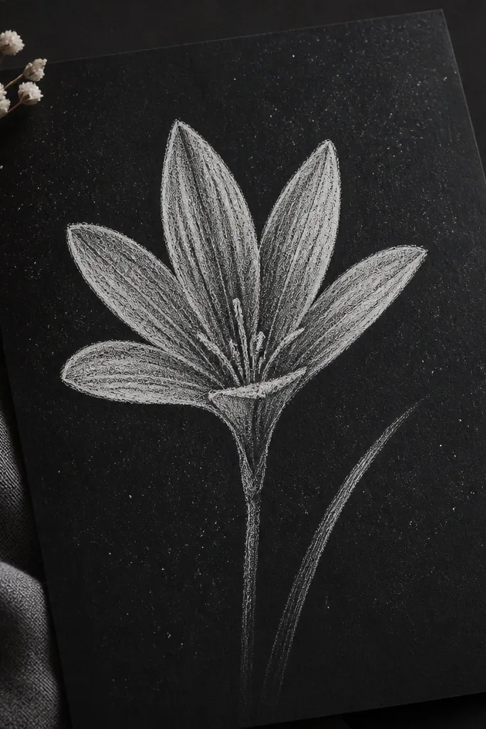 Black paper with a rain lily drawn in white chalk and a little light gray. The petals have visible chalk grain, especially along the petal edges. The center has short hatch marks, and a few faint chalk speckles form a misty background.