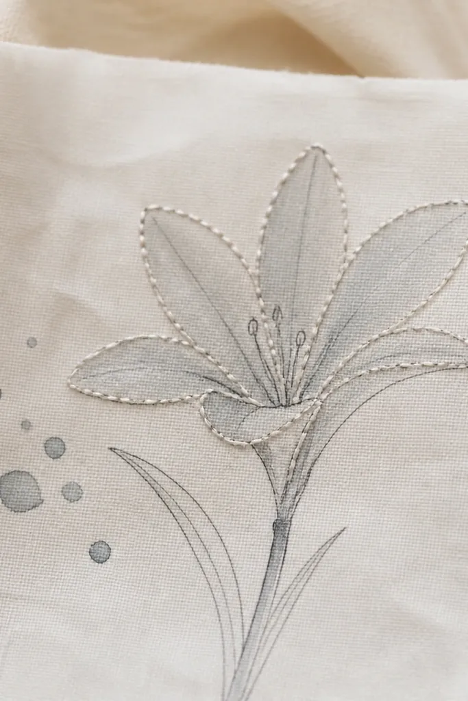 A piece of light muslin with a rain lily outline transferred in pencil. The petals are lightly colored in diluted gray watercolor. Over the inked outlines, there are small stitched details in pale thread, following the petal edges. A few raindrop marks sit nearby.