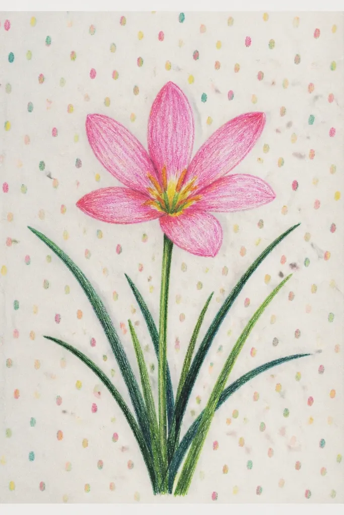 A repeating pattern sheet: rain lily silhouettes spaced across the page, with small falling dot lines beneath each bloom. The petals are outlined in light ink, and each lily has a pale wash. The background is warm white with a faint speckled texture.