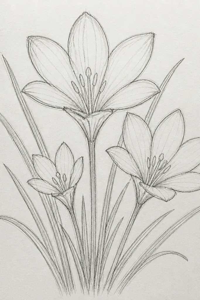 A bouquet drawing with three rain lilies: one large in the foreground, a medium behind it, and a small bud at the top. Stems curl around each other. Petals are outlined with ink and shaded with pale yellow and warm gray. The background is a soft wash gradient from beige to light gray.