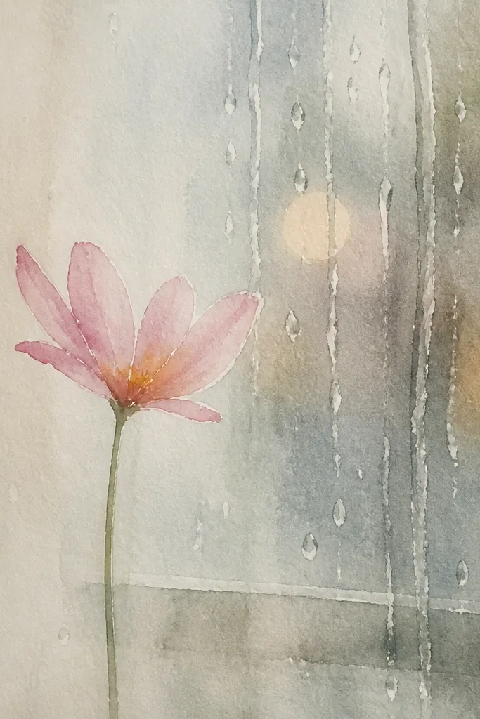 A rain lily drawn in the center with simplified petals. Behind it are abstract vertical rain streaks like window lines. The streaks are drawn in pale gray and fade out toward the edges. The background is a soft watercolor wash in light blue-gray.