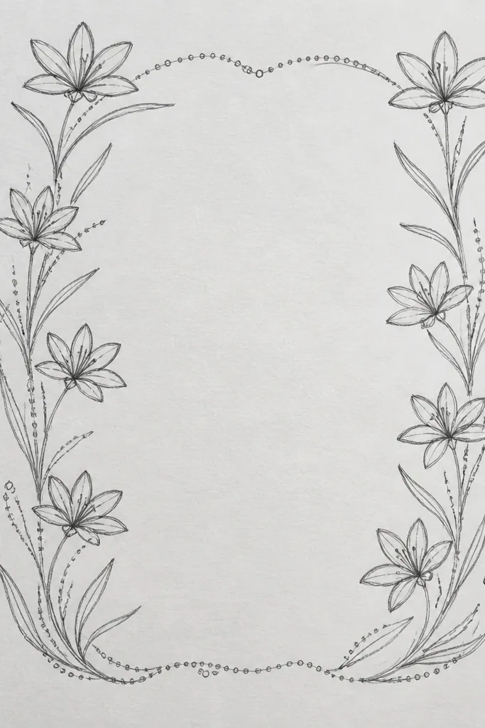 A rectangular page border that looks lace-like: dotted stems run along the edges, and small rain lily buds sit between them. The border is drawn in gray ink and lightly washed in pale cream. The center is blank for writing space.