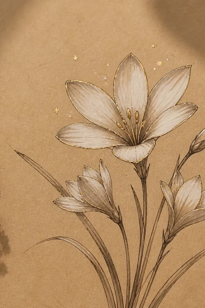 A kraft paper background with a rain lily drawn in dark brown ink. Petals are filled with diluted cream and warm gray, and the petal edges have gold gel pen highlights. A few tiny star-like dots sit near the center bloom.