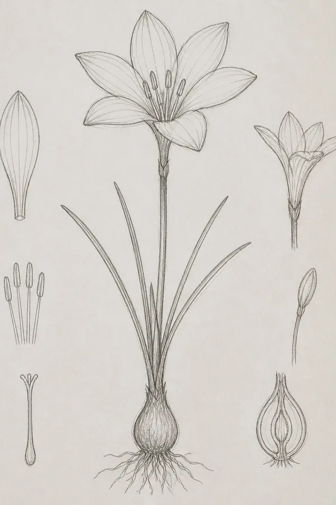 A clean page with a rain lily drawn in ink like a botanical plate. Thin leader lines point to simple label boxes for petal, stem, and center. The petals are pale with gray shading, and the labels are written in small neat handwriting.