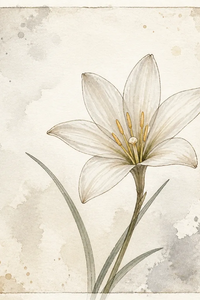 A watercolor postcard-style rectangle with a pale wash background. A rain lily sits slightly off-center, outlined in ink and lightly shaded with cream and gray. Around the edges are small watercolor splatters in muted gray and beige. There's a faint suggestion of a postcard border.