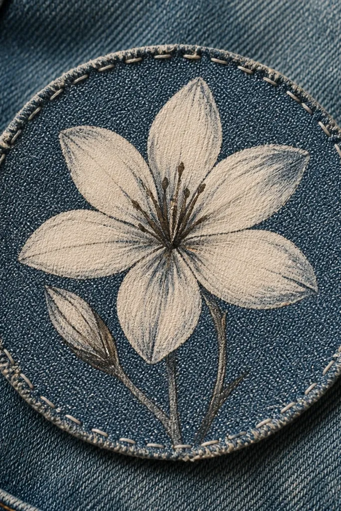 A denim patch with visible weave texture. A rain lily is painted in soft cream and muted gray, with the center outlined in dark brown. The petals have slightly uneven edges, and a few stitches run around the patch border. The background denim stays mostly visible.