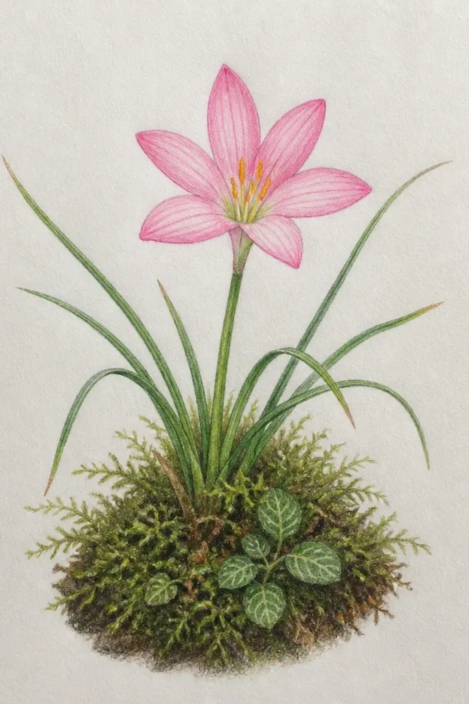 A half-page layout: on the left, a rain lily flower with pale cream petals and gray shadows. On the right, mossy leaves are drawn as soft green shapes with pencil texture. The background is a warm beige wash. The two sides meet in the middle with a gentle overlap.