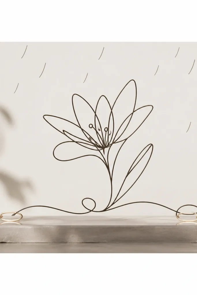 A long horizontal strip like a banner. A monoline rain lily is drawn in one continuous dark line style, with the petals formed by looping strokes. Small curved lines above suggest rain. At the bottom, there are tiny bracelet-like link shapes, hinting at jewelry.