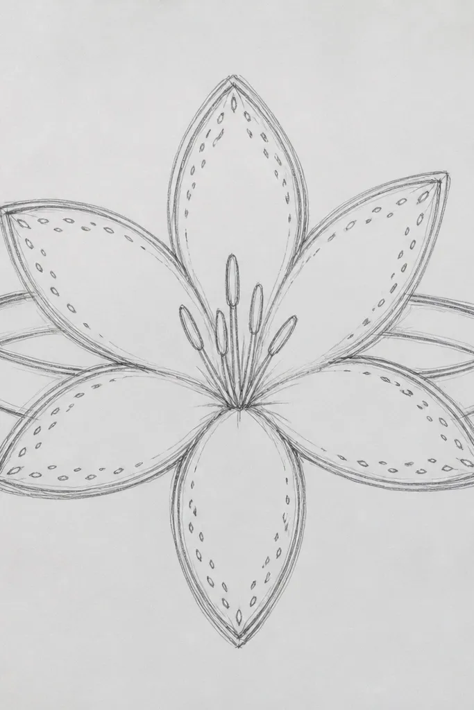 A set of hand-drawn napkin ring designs on paper: each ring has a repeating rain lily motif with dotted highlights at the petal tips. The background is light gray kraft. The petals are outlined and filled with pale cream, and the petal points have tiny dots in gold or white gel pen.