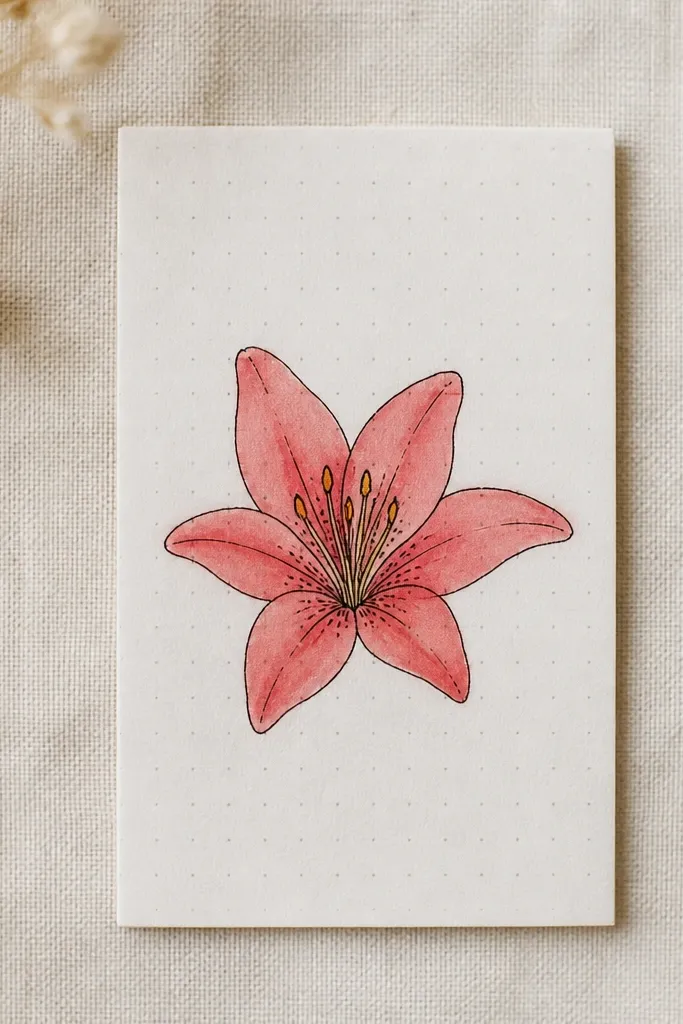 A small vertical card with a dot-grid background. One red lily sits centered. The outlines are dark ink, petals are filled with light red wash, and the center has tiny yellow dots for stamens.