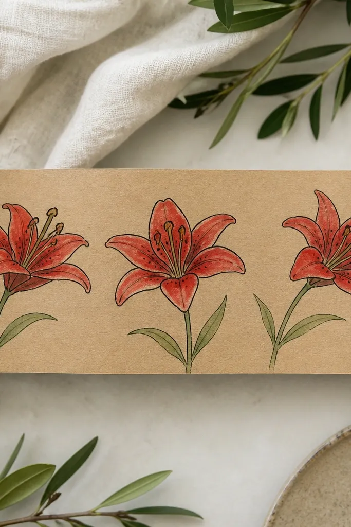 Brown craft paper band with three red lilies spaced across it. Each lily has bold outlines, lighter red wash inside, and green stems drawn with a soft brush marker.