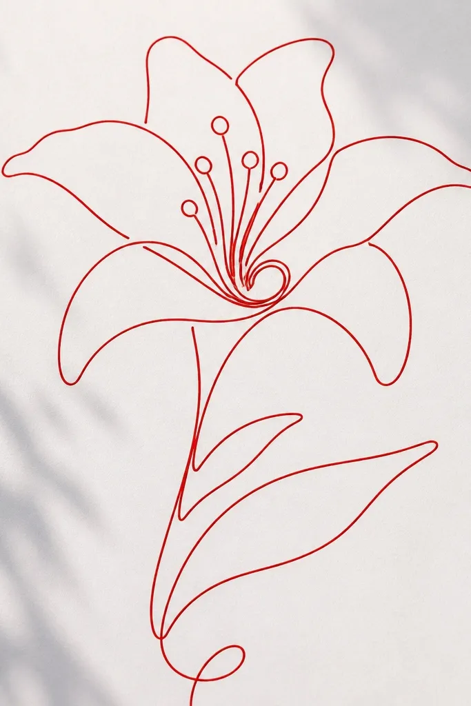 A single red continuous line drawing of a lily on white paper. The petals are formed by smooth curves with no breaks, and the center is a tight swirl with small stamen lines.