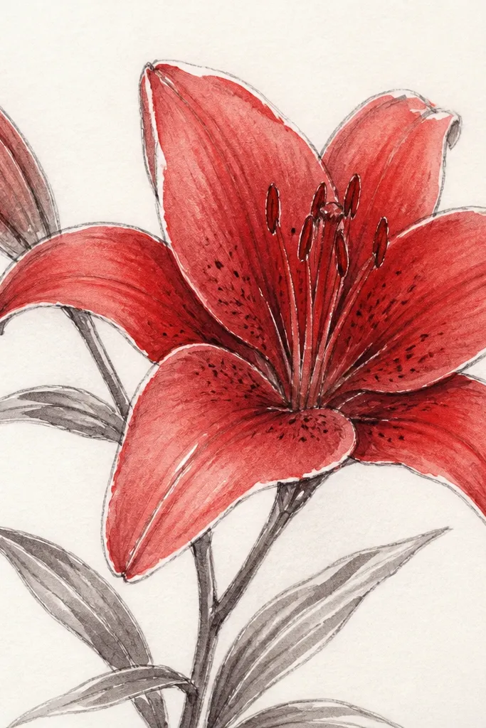 A red lily drawn in pencil, then washed with translucent red watercolor. Several bright white highlights appear along petal edges using a white gel pen.