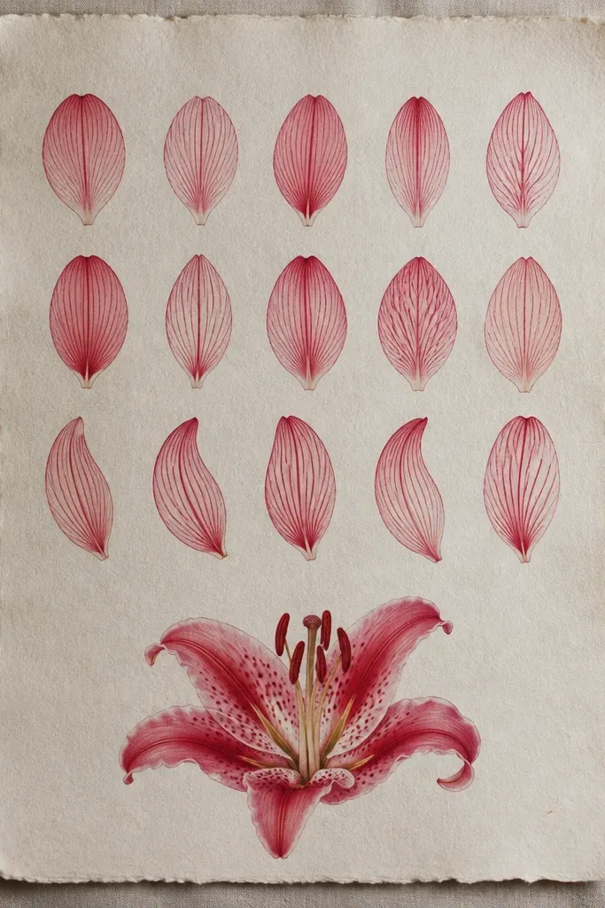 A grid of small lily petals on scrap paper. Each petal shows different vein directions in darker red ink lines, with one final full lily at the bottom.