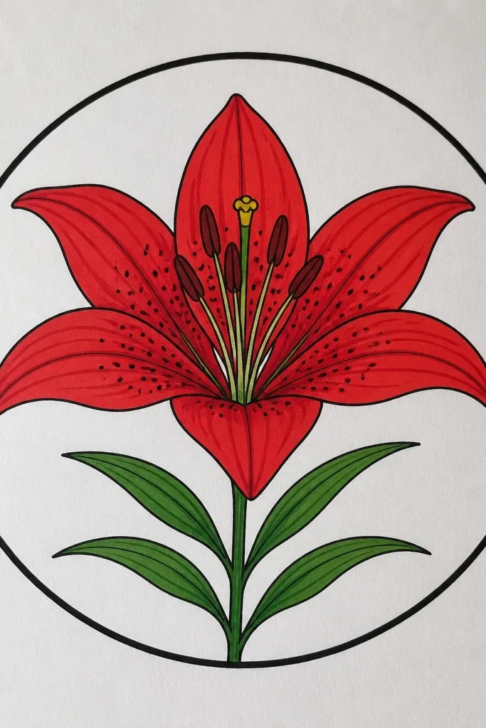 A red lily centered inside a thin circle. Around the circle are small repeating dots and short leaf marks, all in muted green.