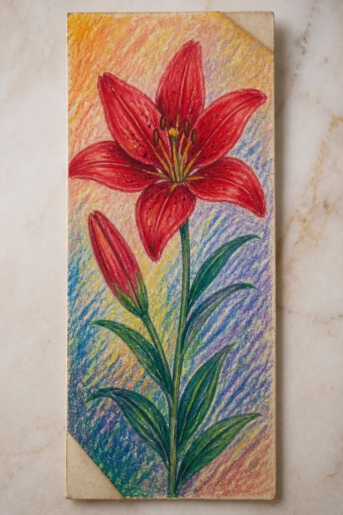 A tall bookmark illustration. A red lily appears with a darker shadow edge on each petal, and the bottom has a decorative banner strip.