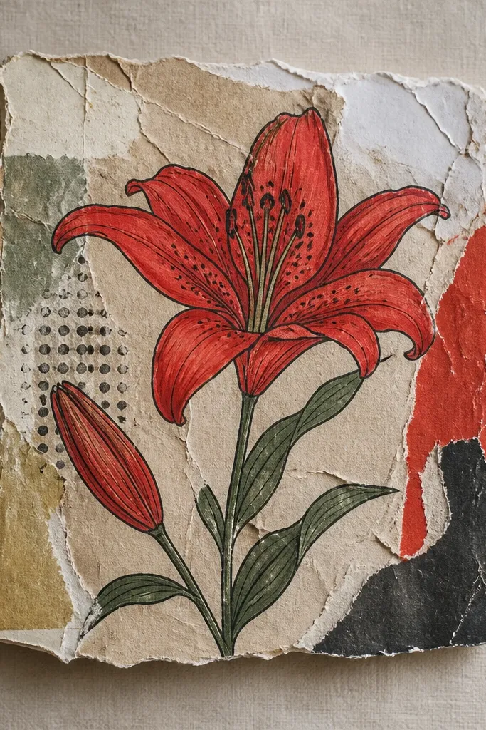 A small art piece made from torn packaging label paper. The background shows texture and print remnants, and a red lily is drawn on top with crisp outlines.