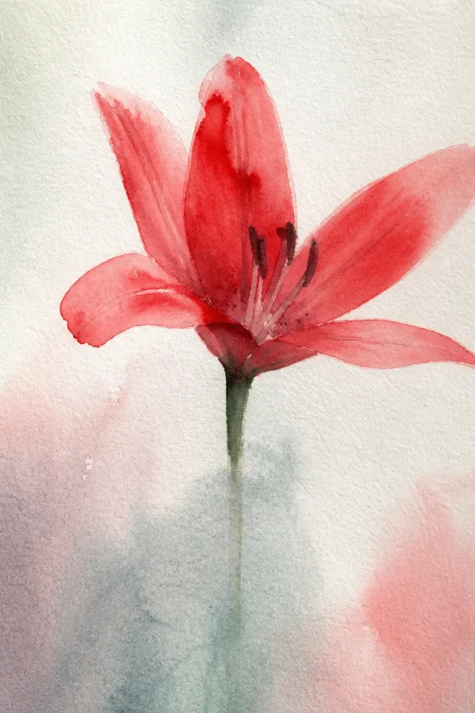 A red lily made with brush pen. Petals show a smooth gradient from deep crimson at the base to lighter pink at the tip, with fine vein lines drawn on top.