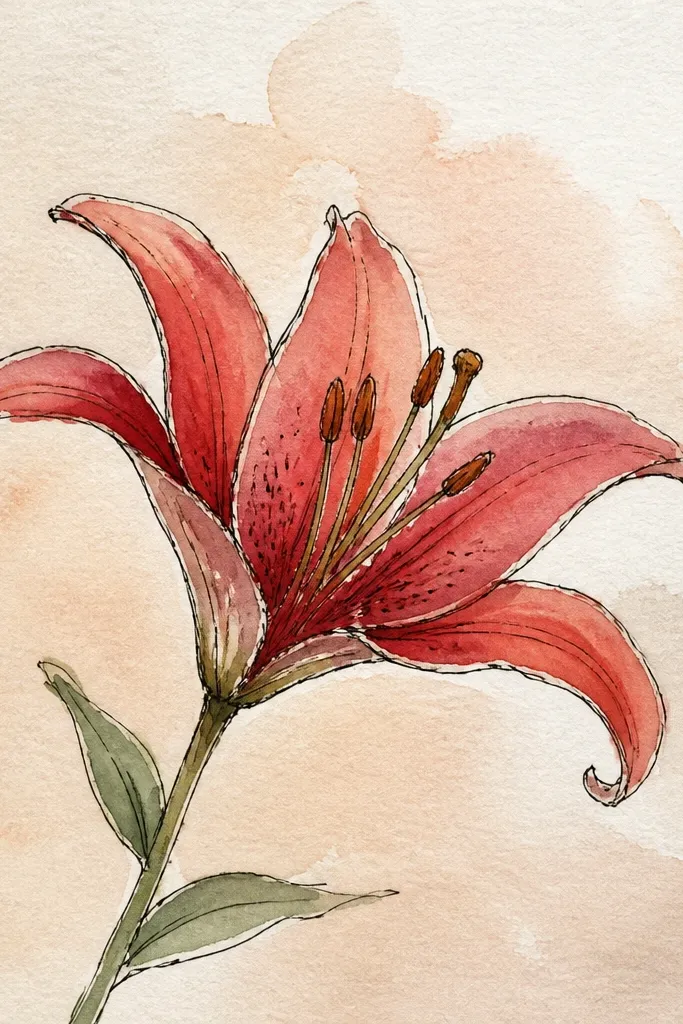 A side-view lily head. Petals overlap like a closed fan, drawn in red ink with lighter shading. The center shows a small protruding stigma and short stamens.