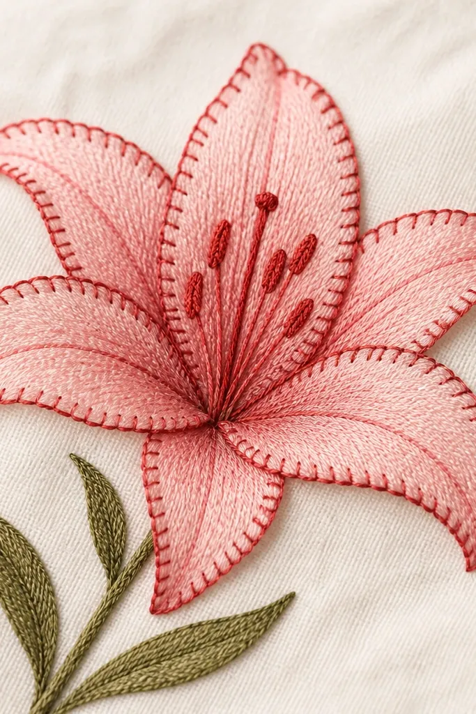 A lily outlined in red, filled with pale red shading. Along petal edges are small repeating stitch marks like embroidery, with darker red thread-like lines.