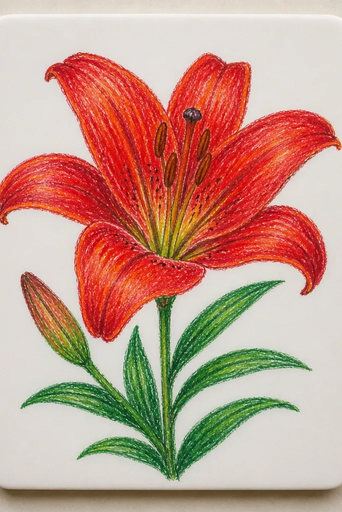 A card styled like a ceramic tile: a thin gray grid border, then a red lily centered. Petals have soft gray shadow lines and clean highlights.