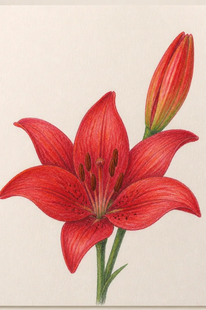 Two red lilies plus one small bud. The stems are simple curved lines in green, and the petals have light red fill with darker outer edges.