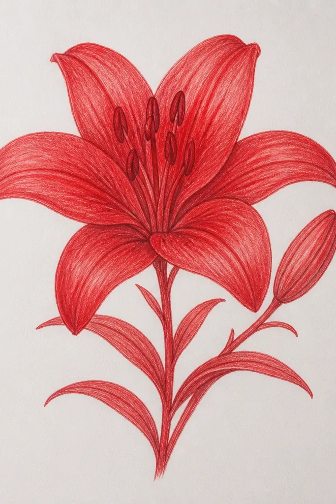 A monochrome red lily. Petals are outlined and shaded in various reds only. The center uses darker red dots instead of yellow.