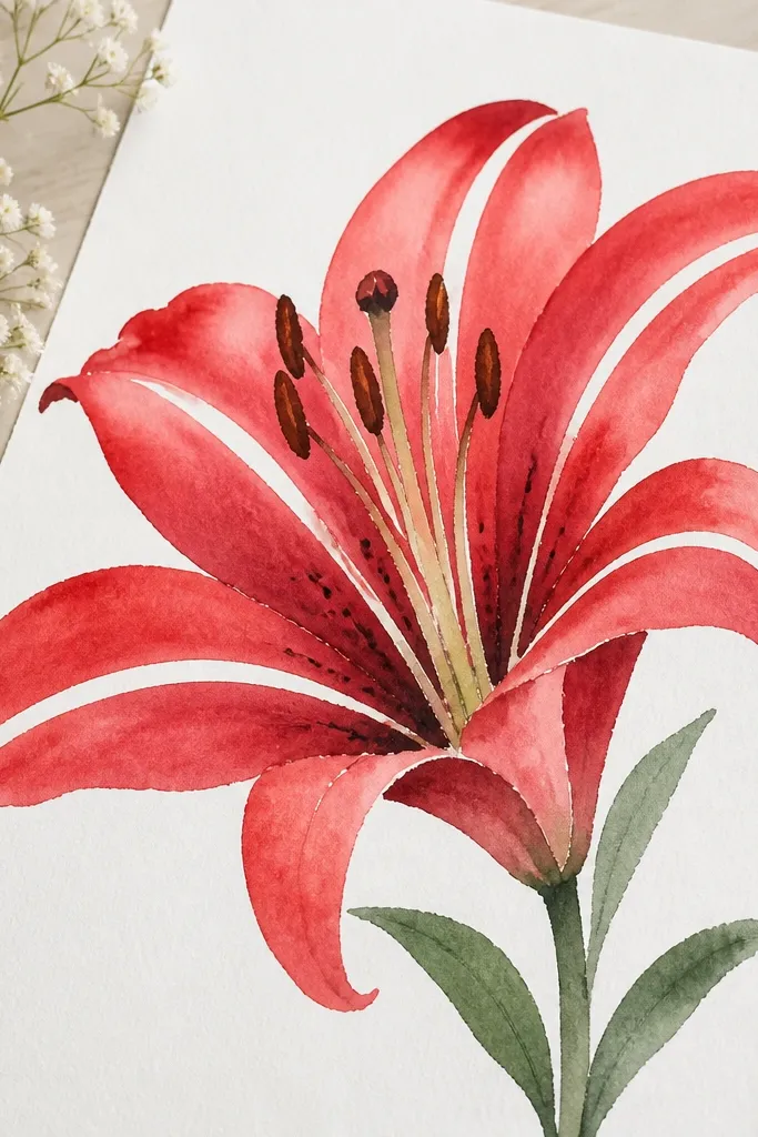 A red lily watercolor wash with crisp white highlight bands. Thin strips of tape left clean white areas on petal inner curves, creating sharp edges.