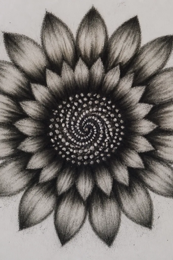 Black pencil sunflower mandala on cream paper with white gel seed spiral