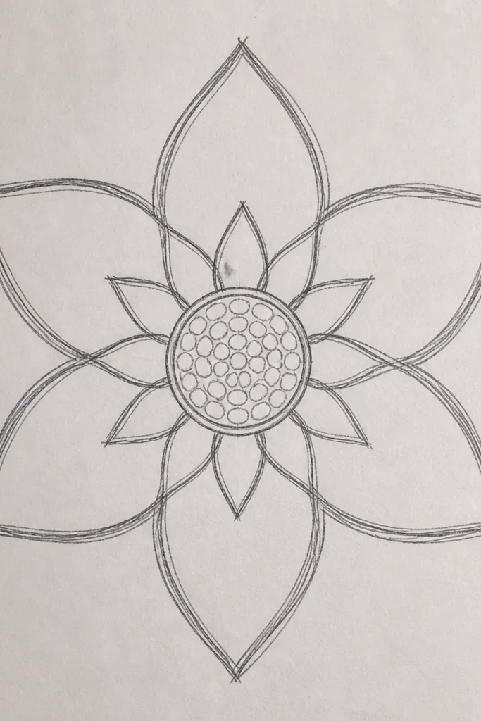 Six-point geometric sunflower mandala with crisp pencil lines on off-white paper