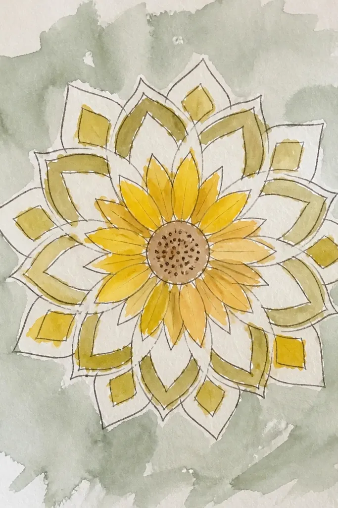 Soft golden watercolor wash behind a sunflower mandala drawn in pencil