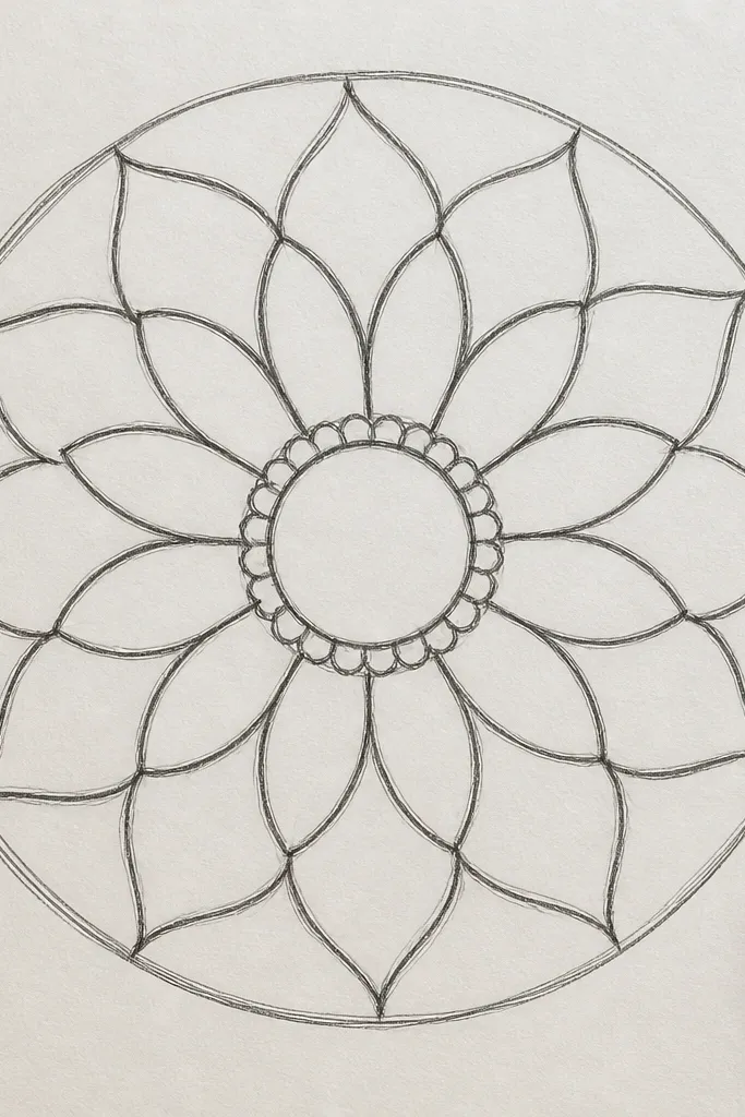 Continuous line sunflower mandala with one unbroken black stroke look