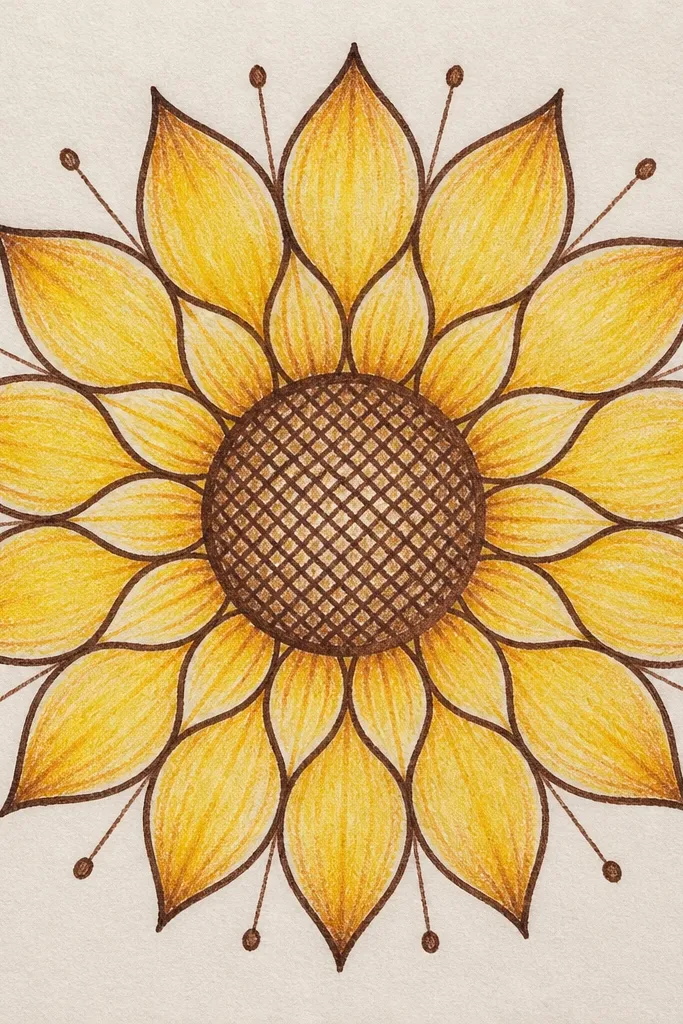 Brown ink sunflower mandala with crosshatched seed center on cream paper