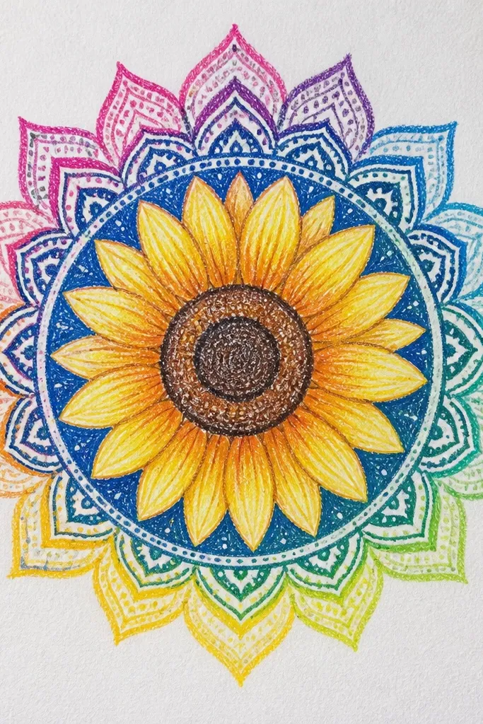 Pastel ombre sunflower petals with navy blue mandala rings and seed spiral